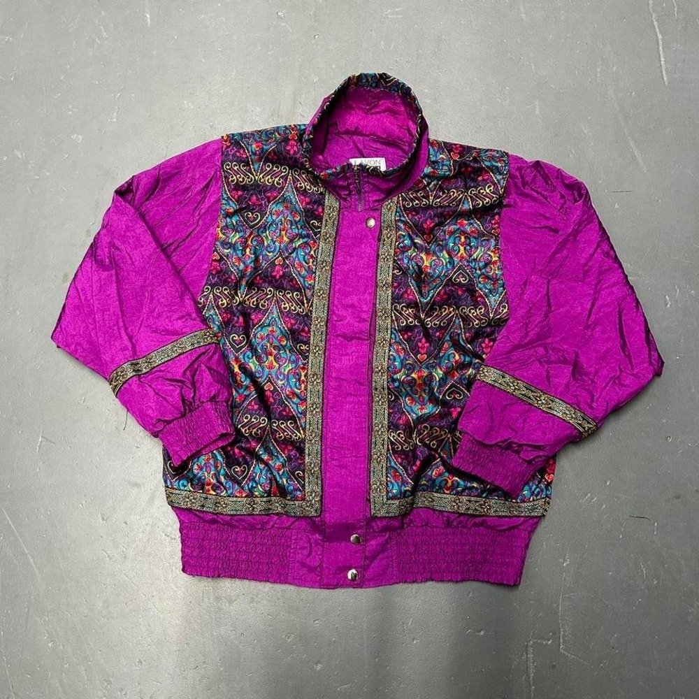 Vintage 80s women's purple paisley style retro zip up bomber windbreaker